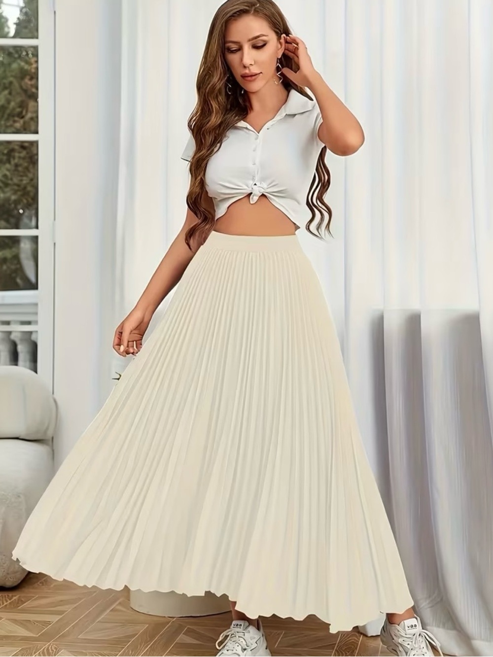 Elegant Cream Pleated Maxi Skirt - Women